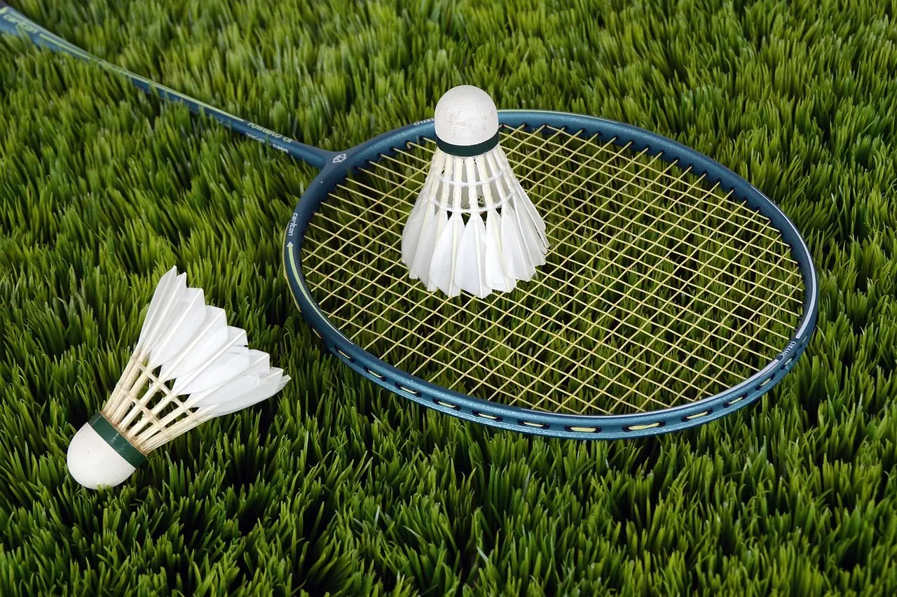 Badmintonketsjer og to fjerbolde på græs
